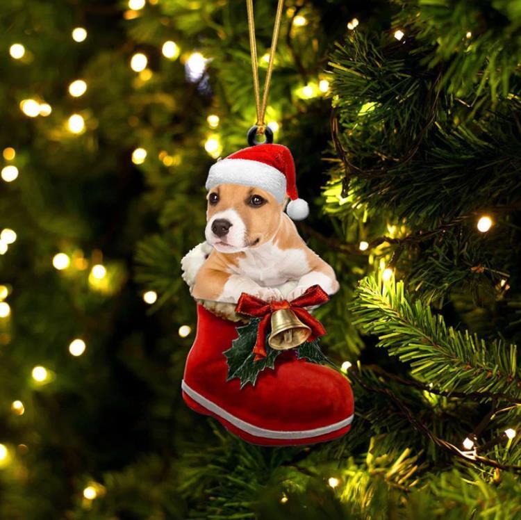 Pitbull In Santa Boot Christmas Ornament