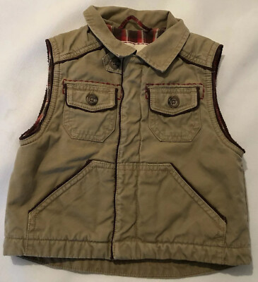 GENIUNE KIDS (OSHKOSH) Tan Snap Up Flannel Lined Vest-!2 Months