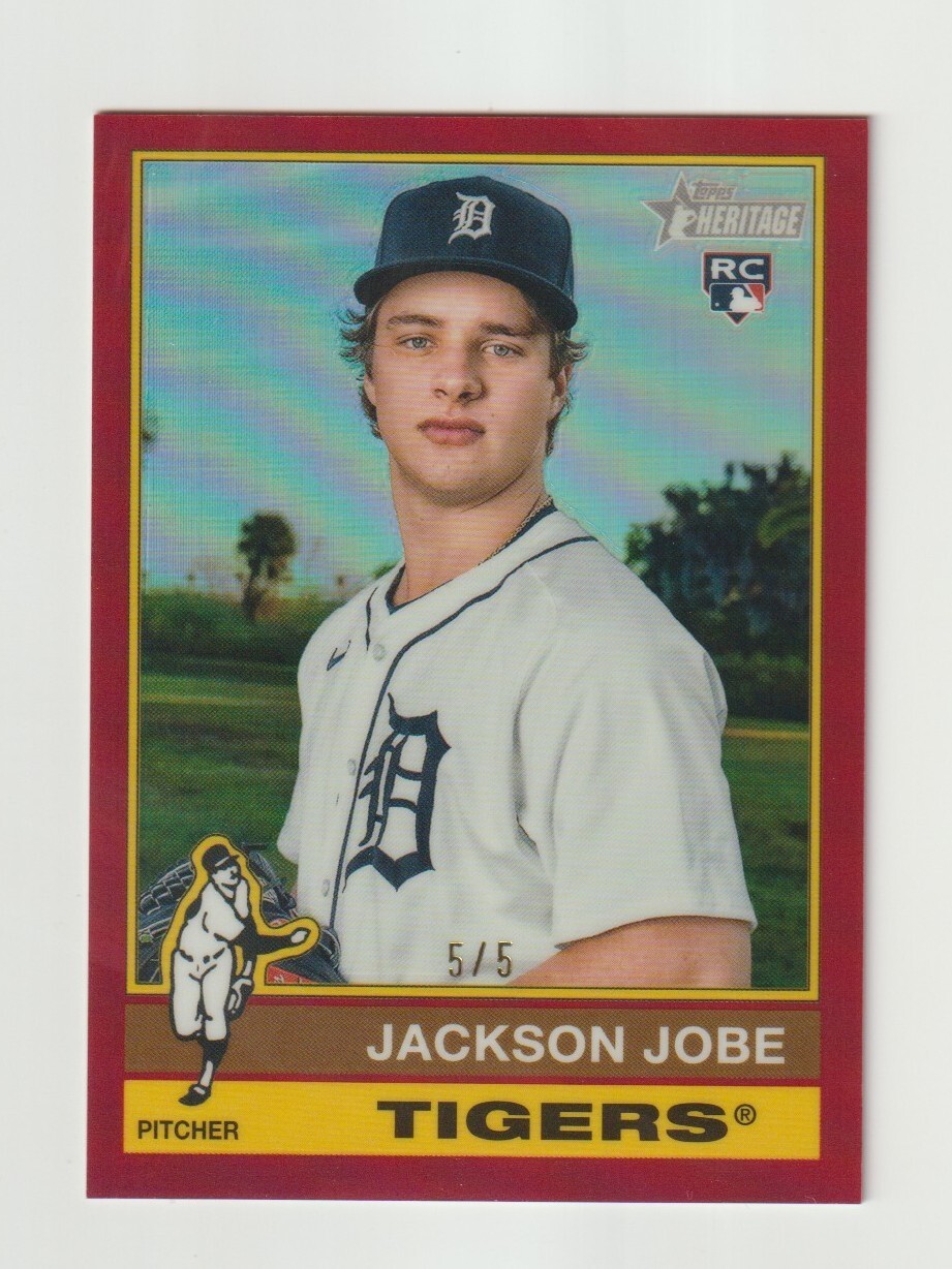 2025 Topps Heritage Chrome Jackson Jobe RC Red Refractor SN 5/5 Tigers #389