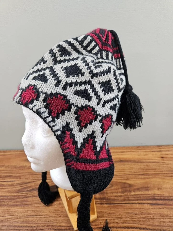 Alaska Knit Winter Beanie Ski Hat Tie Ear Flaps Black Red & White Snow Hiking - Image 3 of 4