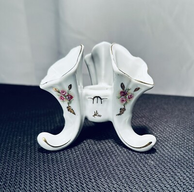 Vtg KALK German, Elegant Porcelain Triple Vase, Hand Painted Flowers, Gold Trim