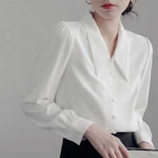 Womens Elegant Button Down Lapel V Collar Long Sleeves White Shirt Tops Party