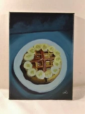 Original Waffle with Banana Slices Still Life Acrylic Painting 9"X12"