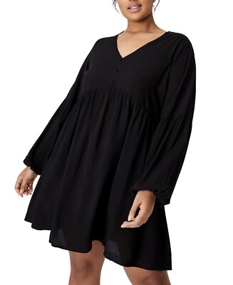 Cotton On Trendy Woven Linda Long Sleeve Mini Dress Black V Neck Plus Size  12W | eBay