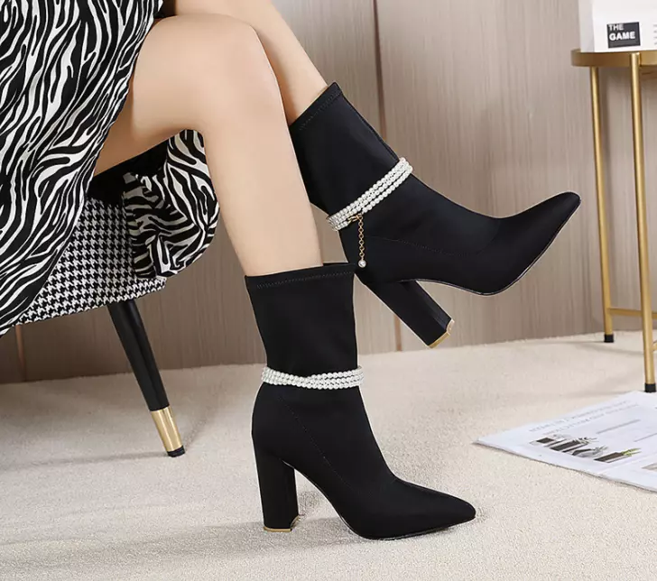 Womens Fashion Pointy Toe Pearls Decor Socks Shoes Pumps High