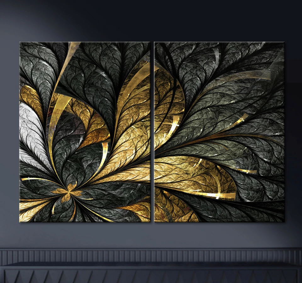 BLATTGOLD Abstrakt Leinwandbild XXL über Lowboard Kommode Sideboard Schwarz Deko - Bild 2 von 4