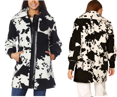 NEW SZ XL NVLT Berber Cow Print Faux Fur Leather Jacket Coat Black