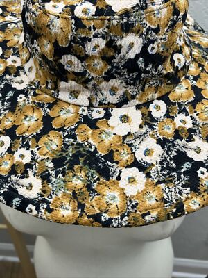 NWT Anthropologie Wide Brimmed Floral Hat - boho - dark navy brown mustard Anthropologie Corduroy Floral Print Bucket Hat Wide Brim Sun  main image 2