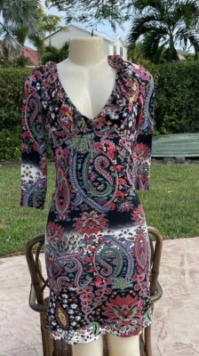 JUST CAVALLI MULTI COLOR PRINT STRETCH 3/4 SLEEVE CASUAL DRESS Sz 42