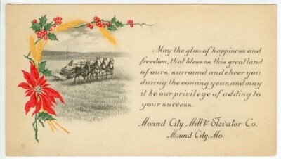 c1900 Mound City Missouri Mill & Elevator Co greeting card- horse-drawn thresher