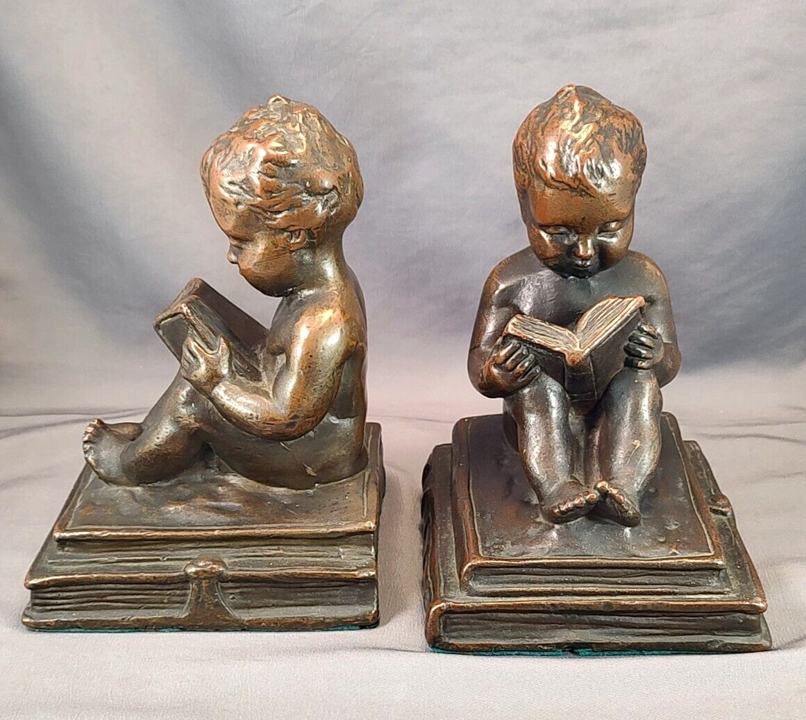Antique Bronze Kathodian Bronze Works (KBW) Bookends - Cherub Reading Book