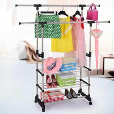 Adjustable Rolling Garment Rack Heavy Duty Clothes Hanger Portable Rail Rack