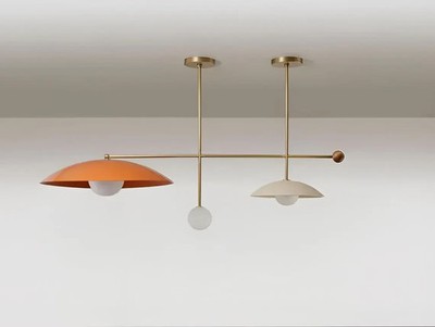 Italian Mid-Century Modern Sputink Chandelier: Enamel, Brass & Walnut Pendant Li
