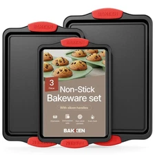 Baking Pan Set – 3 Piece Cookie Sheet – Deluxe Black Non-Stick Carbon Steel –...