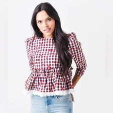 HUNTER BELL Delilah Top Odessa Check Plaid Red XS Boho Prairie Cabincore NWOT