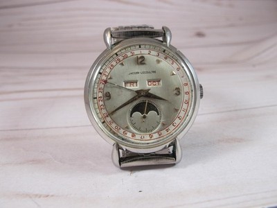 JAEGER LECOULTRE MENS SS 1948 TEAR DROP LUGS TRIPLE DATE MOONPHASE CALIBER 494