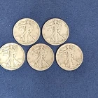 Walking Liberty Half Dollars 90% Silver, Lot of 5, 1940's, Lot 024