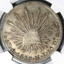 1839-Mo NGC AU 58 Mexico 8 Reales City Mint Scarce Cap Rays Coin (25091401D)