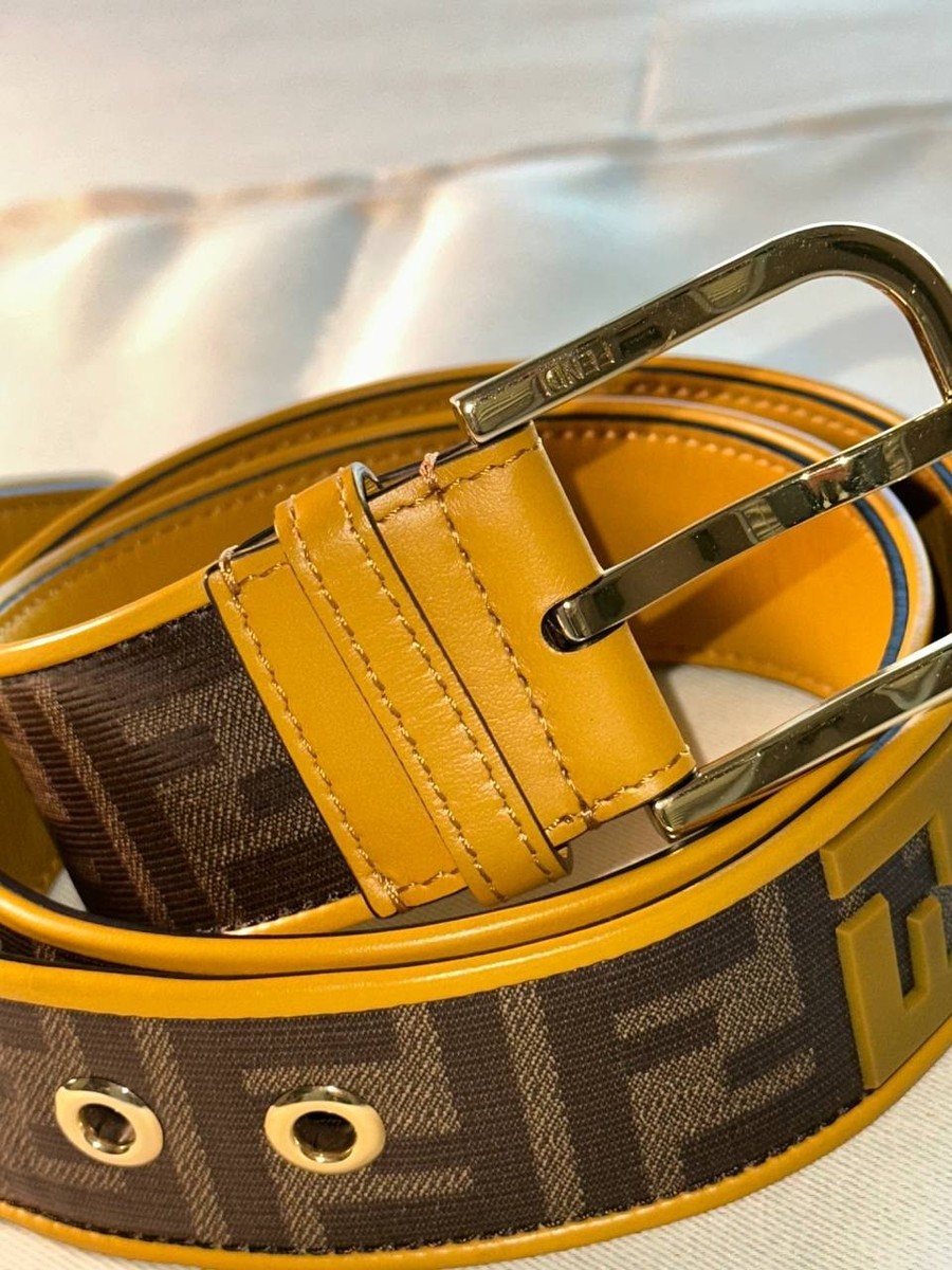Fendi FF Logo Canvas Belt Yellow Leather Trim Size 90/36  display picture 2