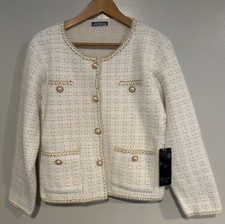 NWT Women s Tweed Jacket White Gold W/Gold Trimmings Pearl Decorative Buttons