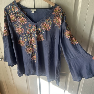 #ad #ad Sundance Sz XL Embroidered Blue Floral Silky Blouse Bell Sleeve Boho Read $14.94