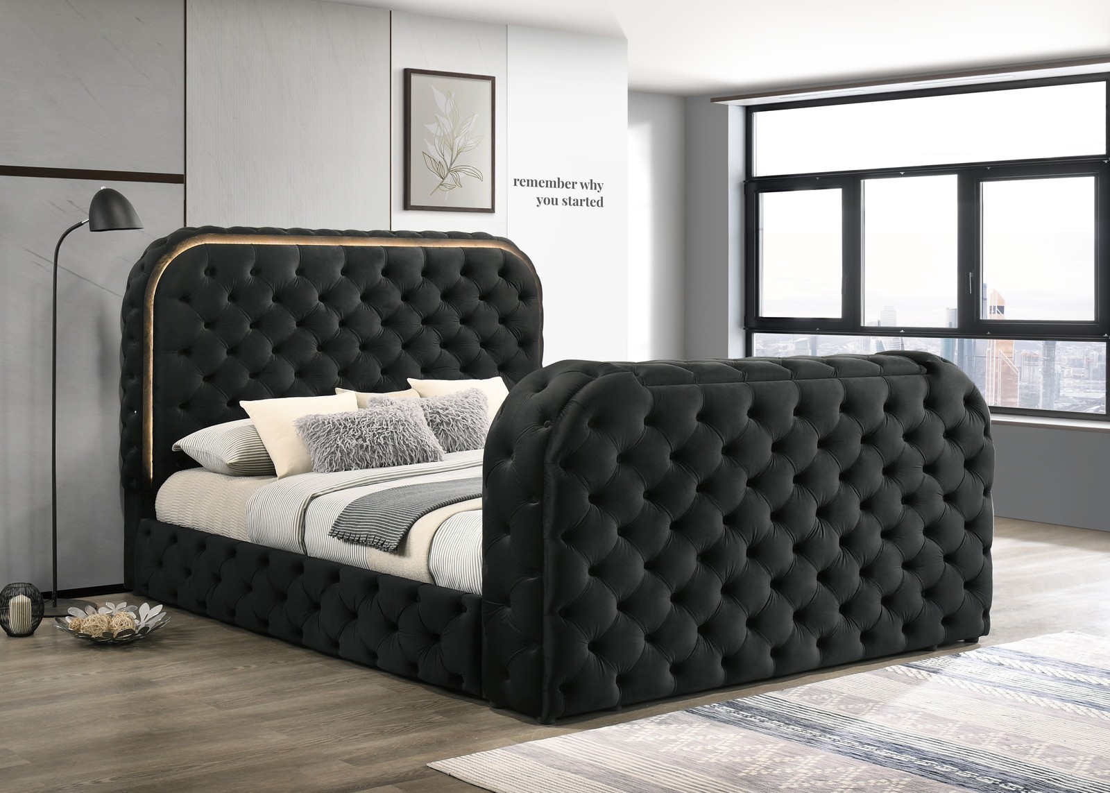 Kana Black Upholstery Velvet Queen Bed w/LED, Fireplace & TV