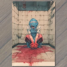 Art Print Blue Hair Girl Bloody Hands Grimy Bathroom Floor Red Horror Distress