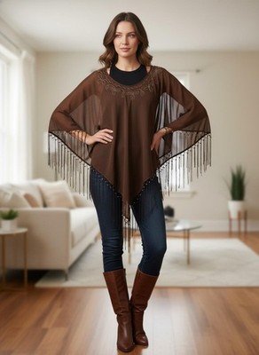 Zero Zero Woman brown Sheer Poncho Top with Fringe