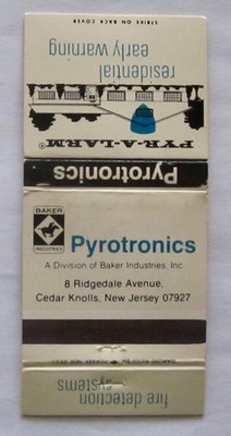 PYROTRONICS, FIRE DETECTION SYSTEMS, PYR-A-LARM CEDAR KNOLLS, NJ MATCHBOOK COVER
