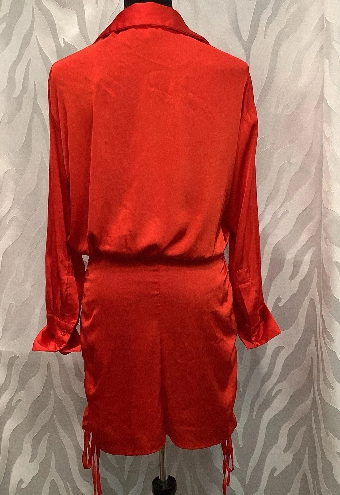 VALENTINO MABLE Abito Camicia Rosso Raso Bottoni Manica Lunga Increspato Lato Regolabile S