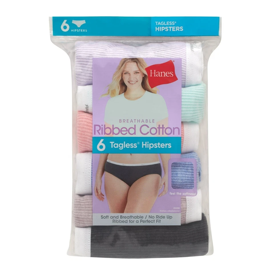 Paquete de 6 bragas de algodón acanaladas Hanes Hipsters para mujer ropa interior fresca cómoda surtido Foto 2 de 4