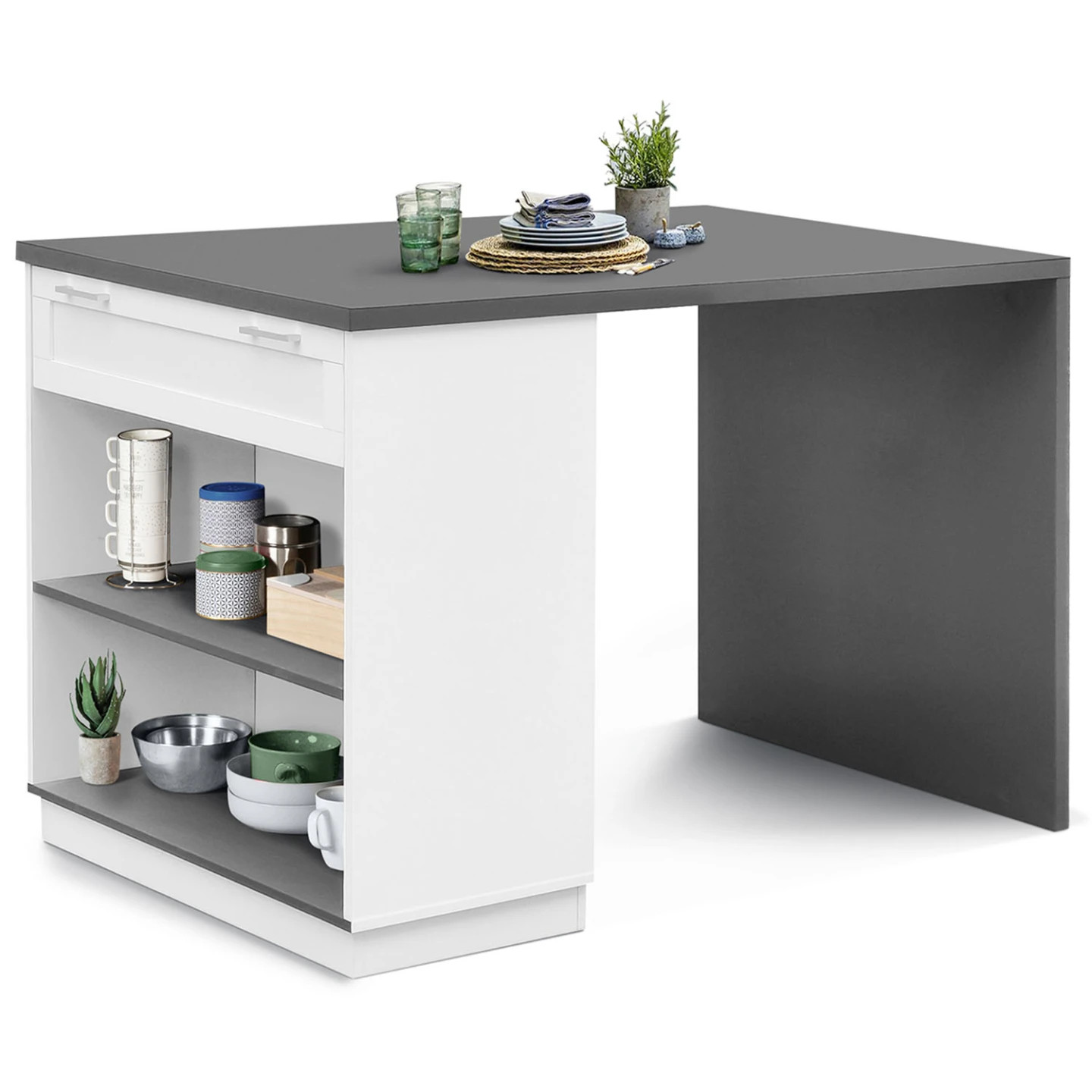 Ilot de cuisine 130 cm VITO blanc et plateau gris mange-debout 4 personnes avec rangements
