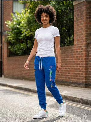Royal blue joggers feature colorful, playful character graphics