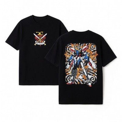 Guundam Wing Zero Custom Anime Meeccha Double Sided Graphic Black Cotton T-Shirt