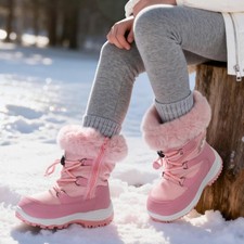 Kids Girls Boys Snow Boots Mid Calf Winter Faux Fur Lined Warm Ski Boots US