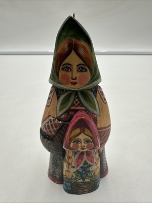 Russian figure Xmas ornament hand paint wood wooden folk art 4'' Mother Daughter