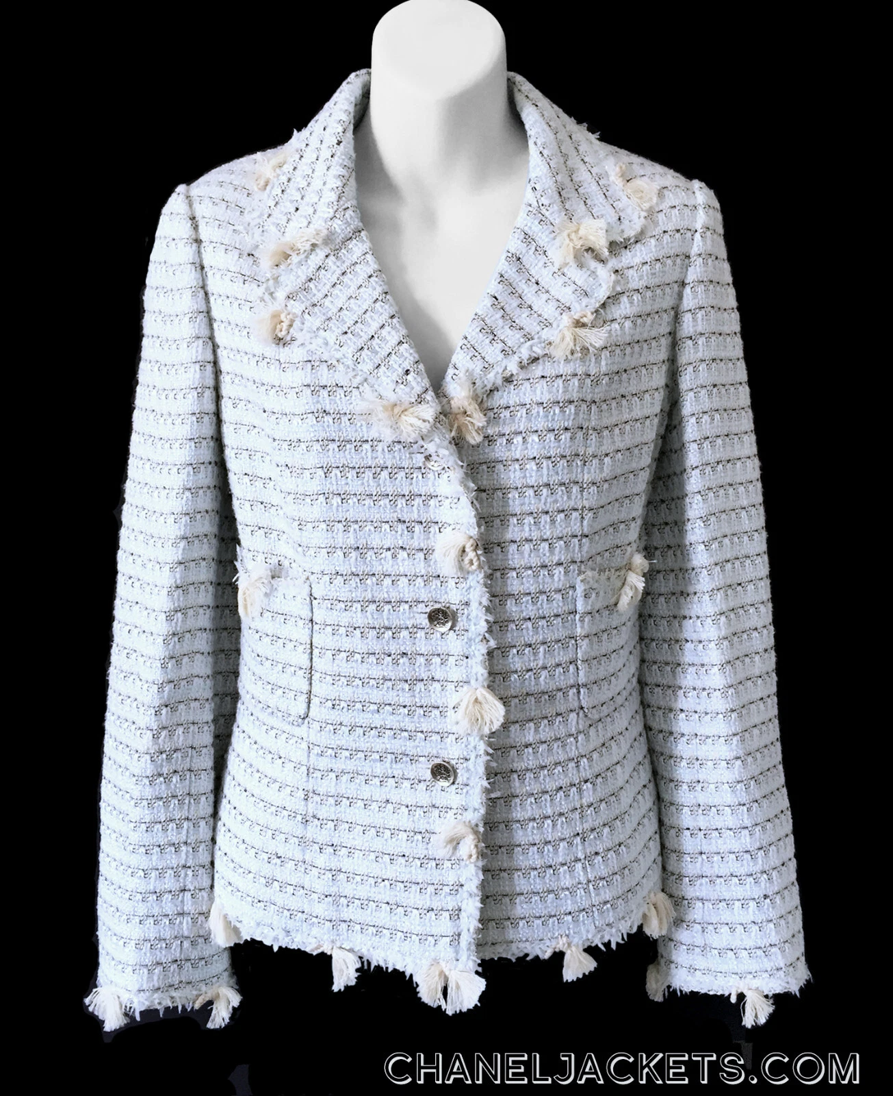 $5.850 GIACCA CHANEL bianca blu ciuffo frange tweed * FR 42 44 US 6 8 ~ USATA IN OTTIME CONDIZIONI