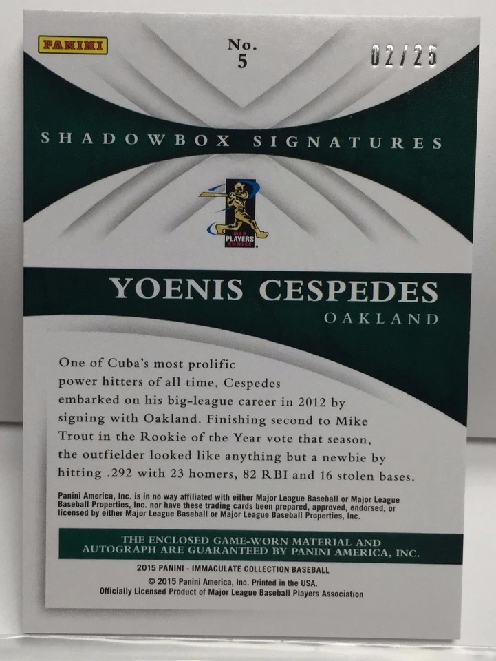 Yoenis Cespedes 2015 Immaculate Shadowbox Signatures GU Jersey Autograph Auto/25 - Image 2 of 3