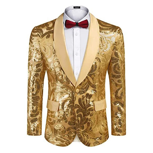 Men Lapel Jacket Blazer Suit Floral Sequin Shawl Coat Party Showman Costume Slim