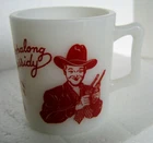 Vintage 1950s Red Hopalong Cassidy Childs Milk Mug Cup - Hazel Atlas White Glass