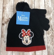 New Girls Child Size Black  Red Disney Minnie Mouse Beanie Hat and Gloves Set