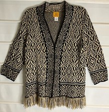 Ruby Rd Black Gold Beige Knit Open Front 3/4 Sleeve Fringed Hem Sweater Small EC
