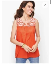 Talbots Orange White Floral Embroidery Voile Shell Top Sleeveless 100% Cotton Mp