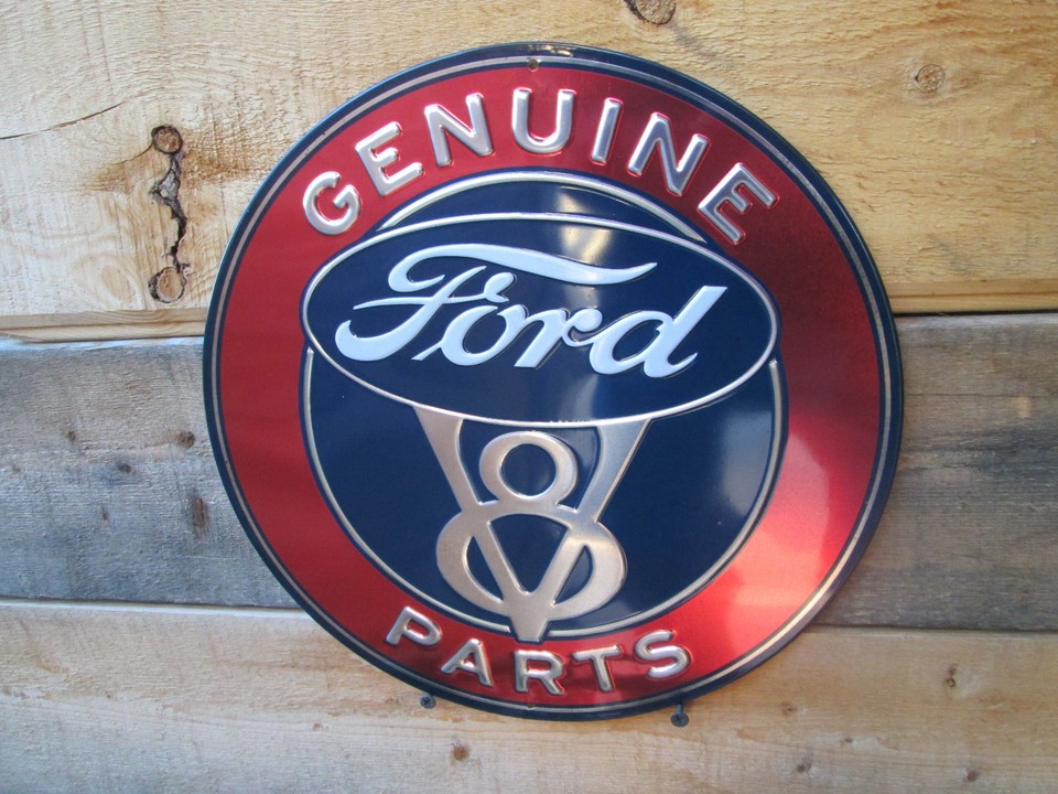 FORD V8 GENUINE PARTS embossed Metal Display Auto Shop DELUXE STANDARD