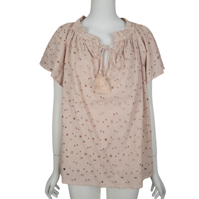 KYLA SEO Talin Peasant Top M Pink Eyelet Cotton Short Sleeve Tie Neck Tassel