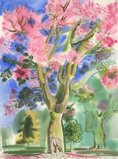 ORIGINAL Watercolor Painting Landscape with Blooming Tree Contemporary  Realism
