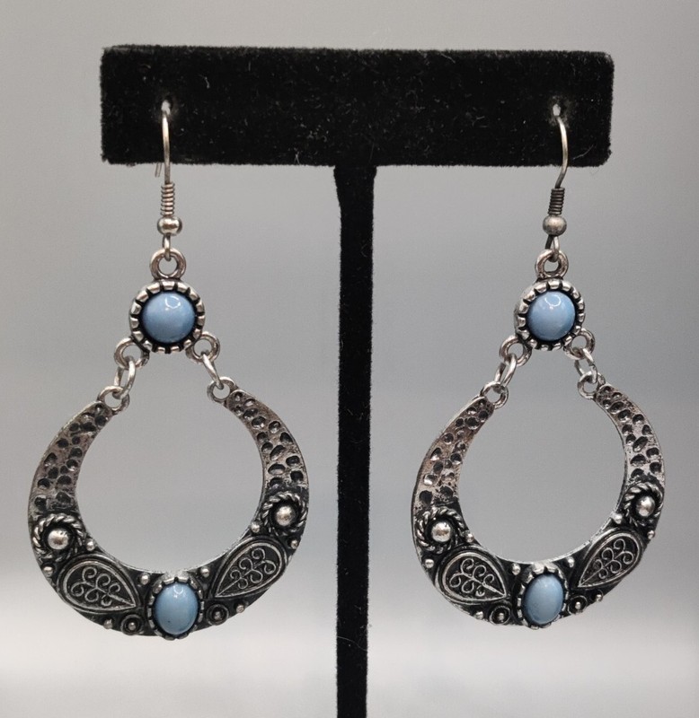 Silver Tone Light Blue Circle Oval Hoop Hole Dangle Drop Earrings Jewelry