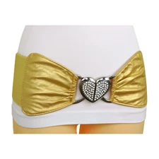 Women Gold Faux Leather Elastic Band Wide Belt Love Heart Metal Buckle Size S M
