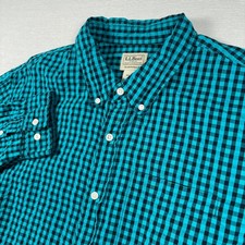 LL Bean Seersucker Shirt Mens Size L Teal Black Cotton Long Sleeve