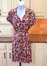 ELLE Womens Medium Black Pink Purple Floral Faux Wrap Belted Knee Dress